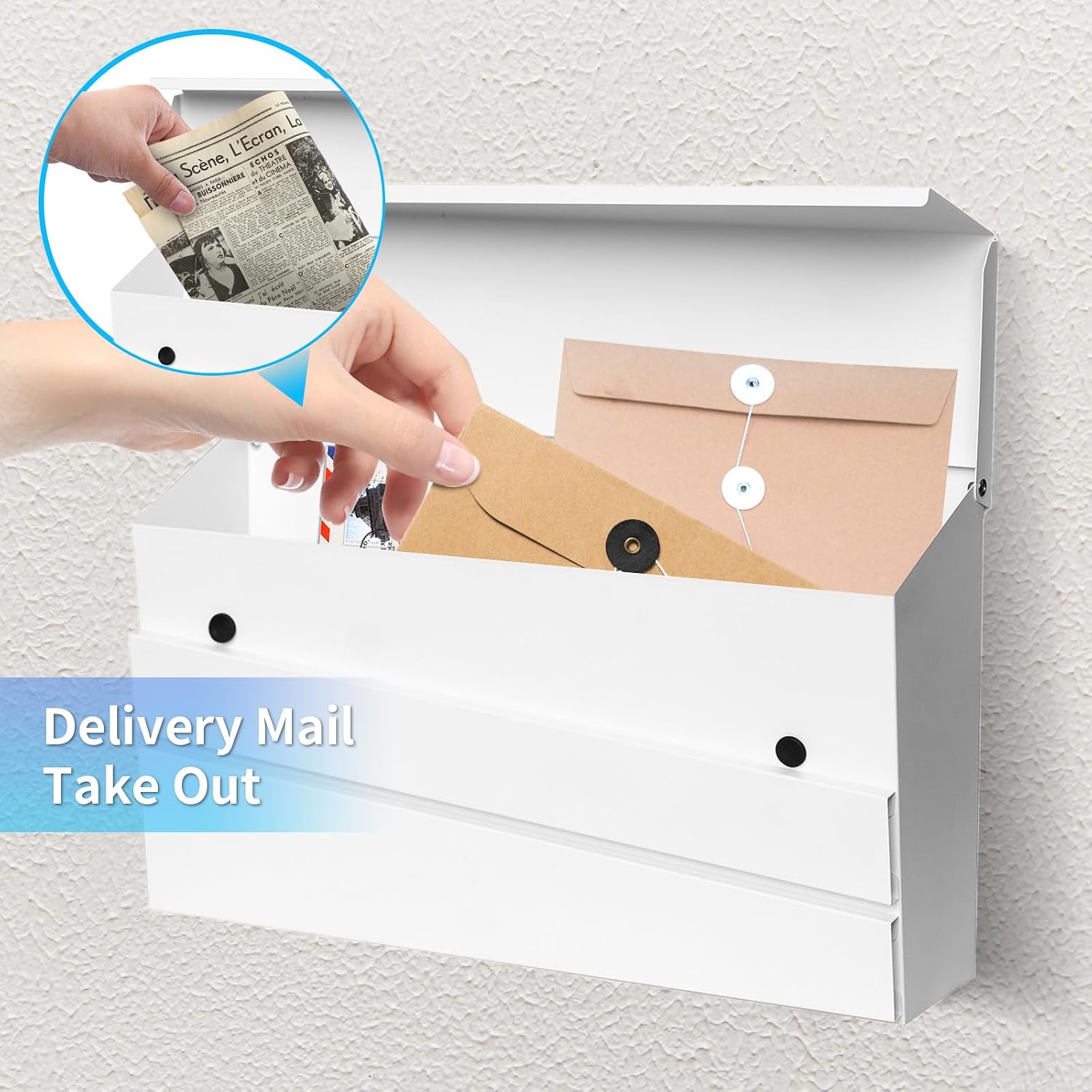 Wall-Mount Mailbox White | No Lock Rust-Resistant Large Capacity Mailbox, Modern Drop Mailboxes for Outside