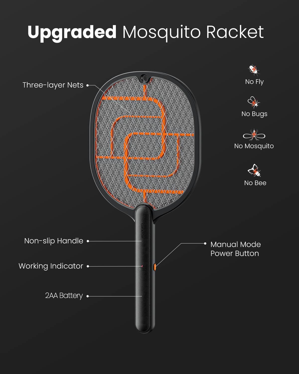 Electric Fly Swatter, 3800V Battery Powered Fly Bug Zapper Racket | Textured Handleld, 3-Layer Protection Grid for