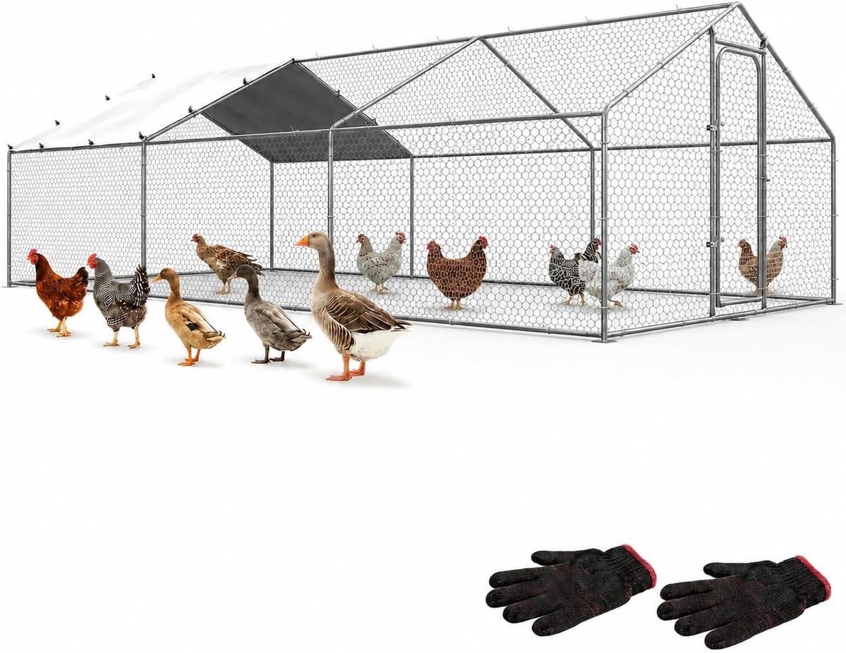 Metal Chicken Coop, 10x15x6.5FT Chicken Run for Yard with Cover