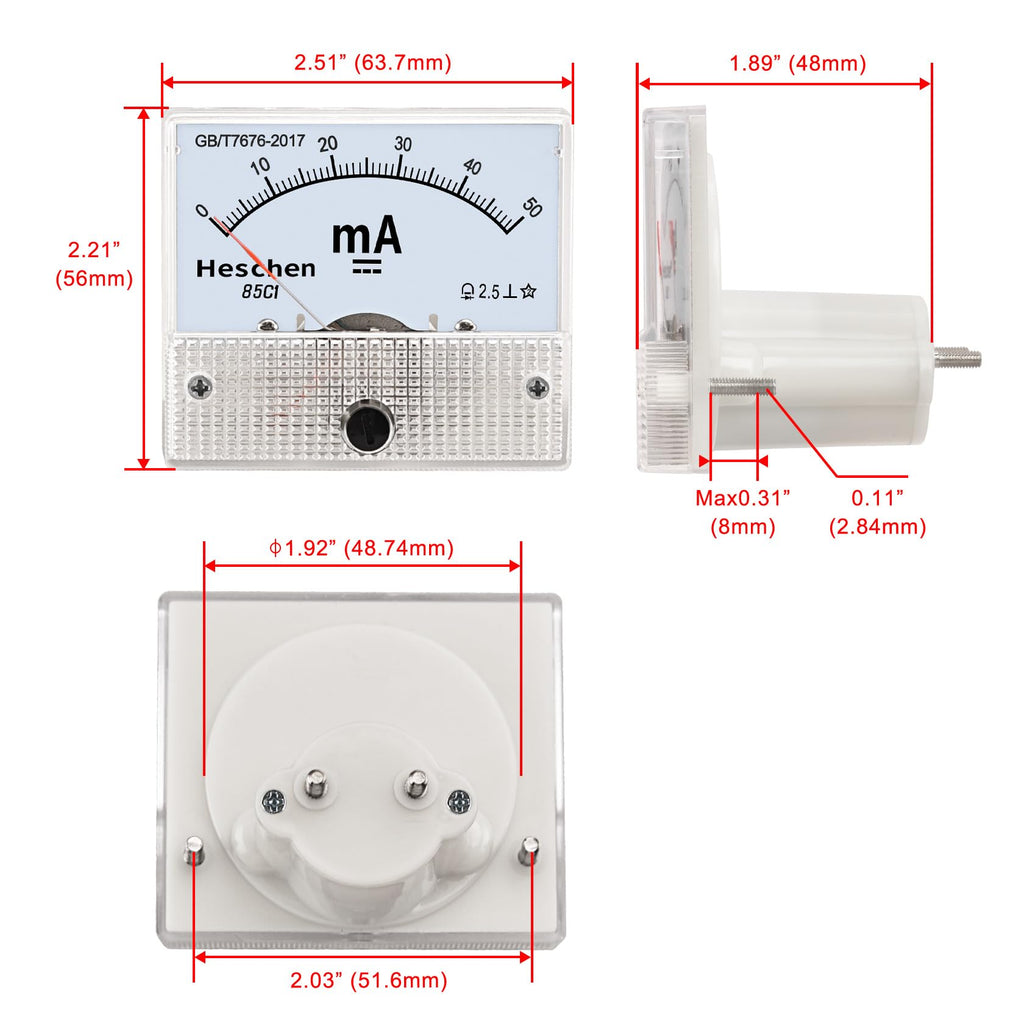 Heschen 85C1-50mA Rectangle Panel Mounted Current Meter Ammeter Tester DC 0-50 mA Class 2.5 White