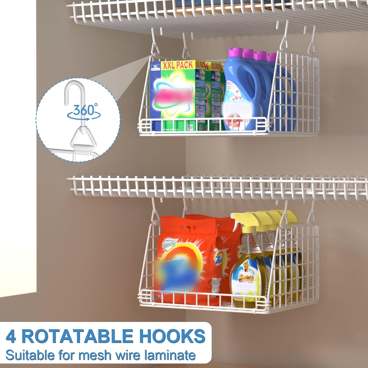 3-Pack Laundry Room Organization and Storage, Hanging Wire Basket for Laundry with 360°Rotating Hooks, Over Washer