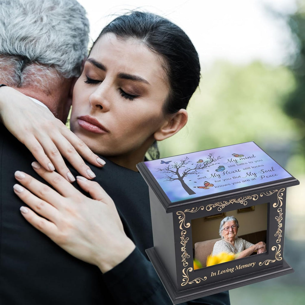 Wooden Urn Box for Ashes Cremation Urns for Human Ashes Adult Male or Female, Memorial Keepsake Urns with Photo