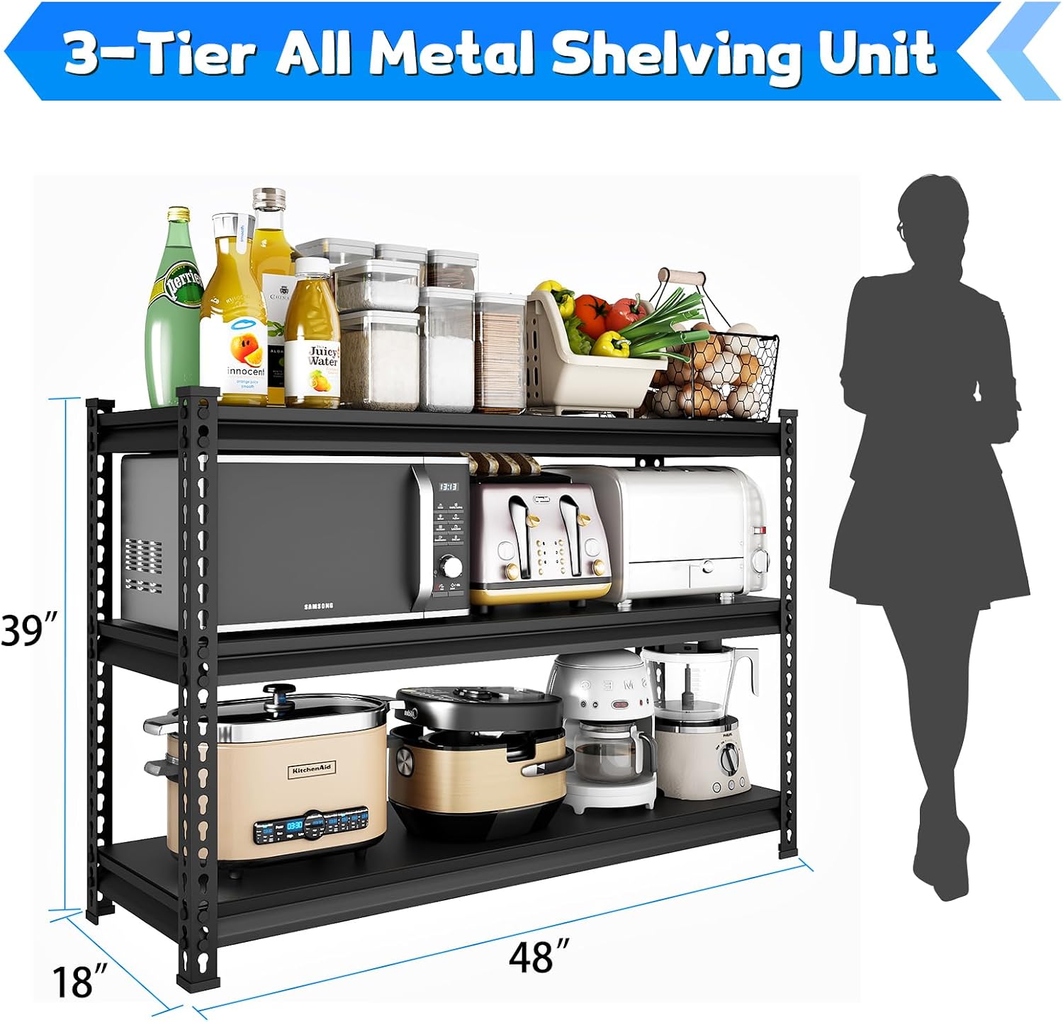 48" W Garage Shelving Heavy Duty, 1500LBS Loads Adjustable Garage Storage Shelves, 3-Tier Metal Shelving Units and