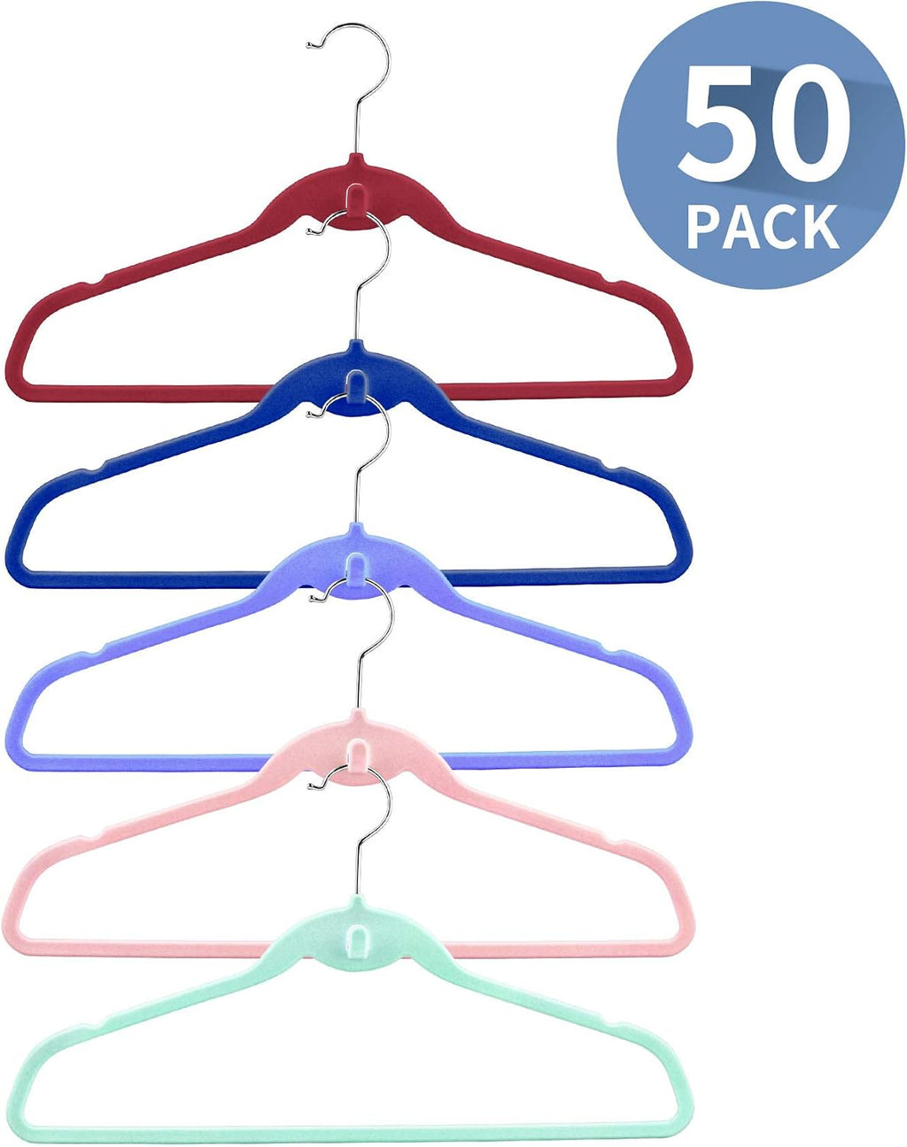 Multi-Color Premium Velvet Hangers with Mini Hooks, Pack of 50, Non Slip, Space Saving Cascading Clothes Hangers, 5