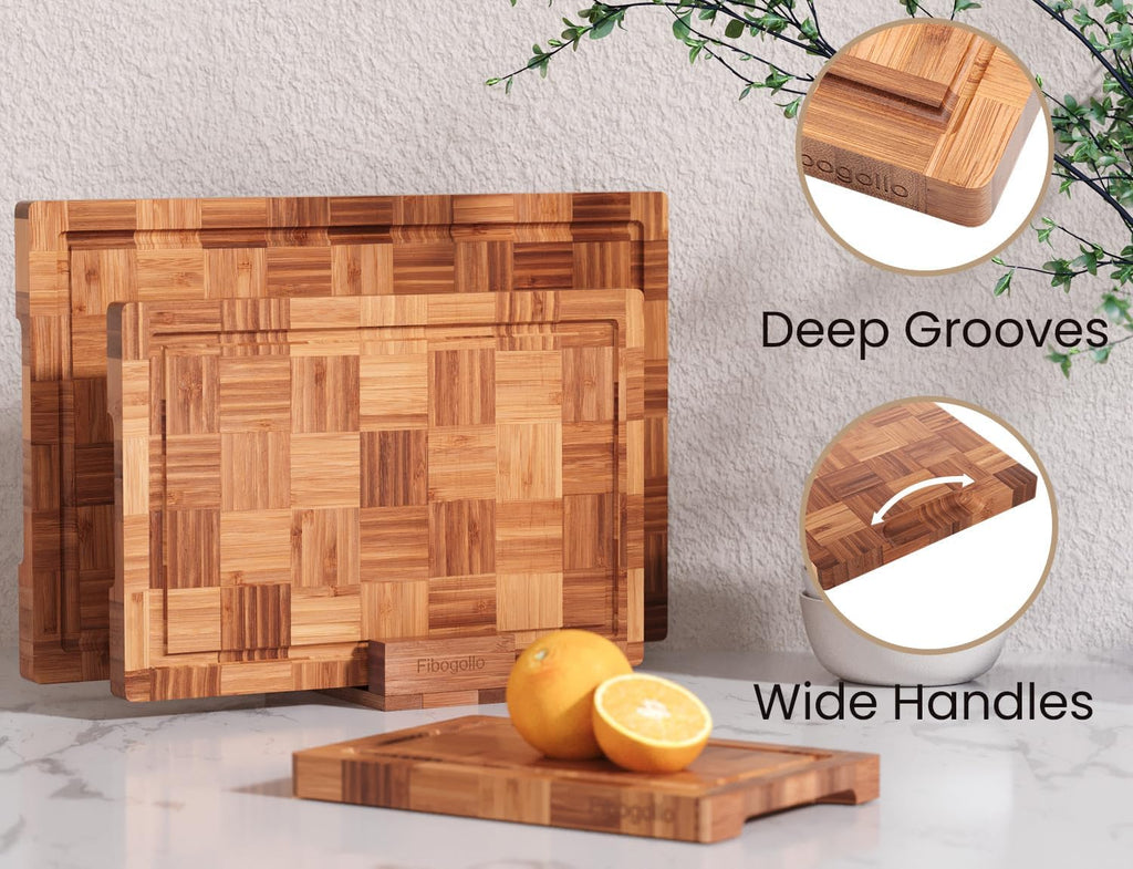 Bamboo Cutting Boards for Kitchen,Chopping Boards Set with Juice Groove,End Grain Bamboo Butcher Block,Serving Board