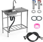 Utility Sink Stainless Steel,Freestanding Single Bowl Kitchen Sink,Outdoor Sink Station with Hose Hook Up,Hot & Cold