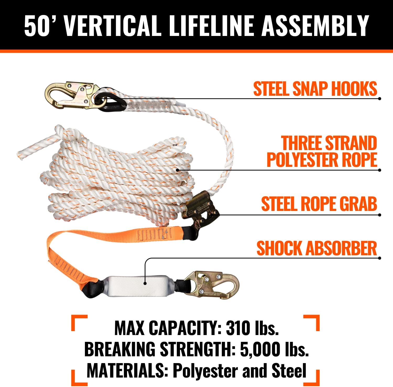 50’ Roofer's Safety Bucket Kit – Warthog Pass-Thru Safety Harness, Reusable Roof Anchor, and 50’ Vertical Lifeline