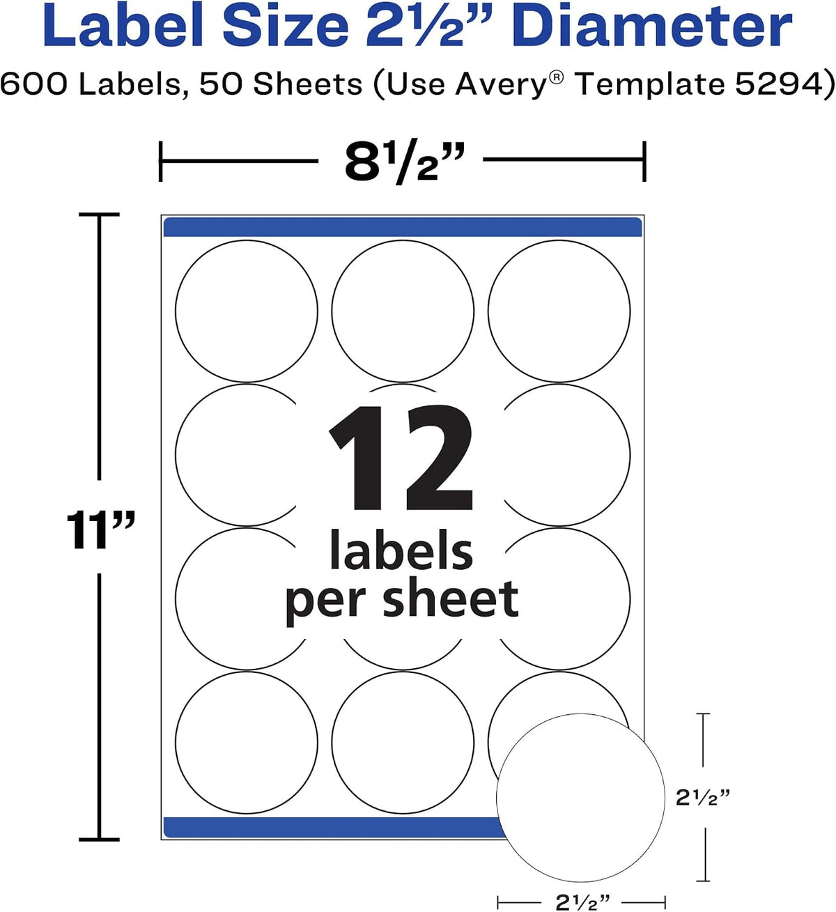 High Visibility Printable Round Labels, Sure Feed Technology, 2.5" Diameter, White, Laser Printer, 300 per Pack, 2