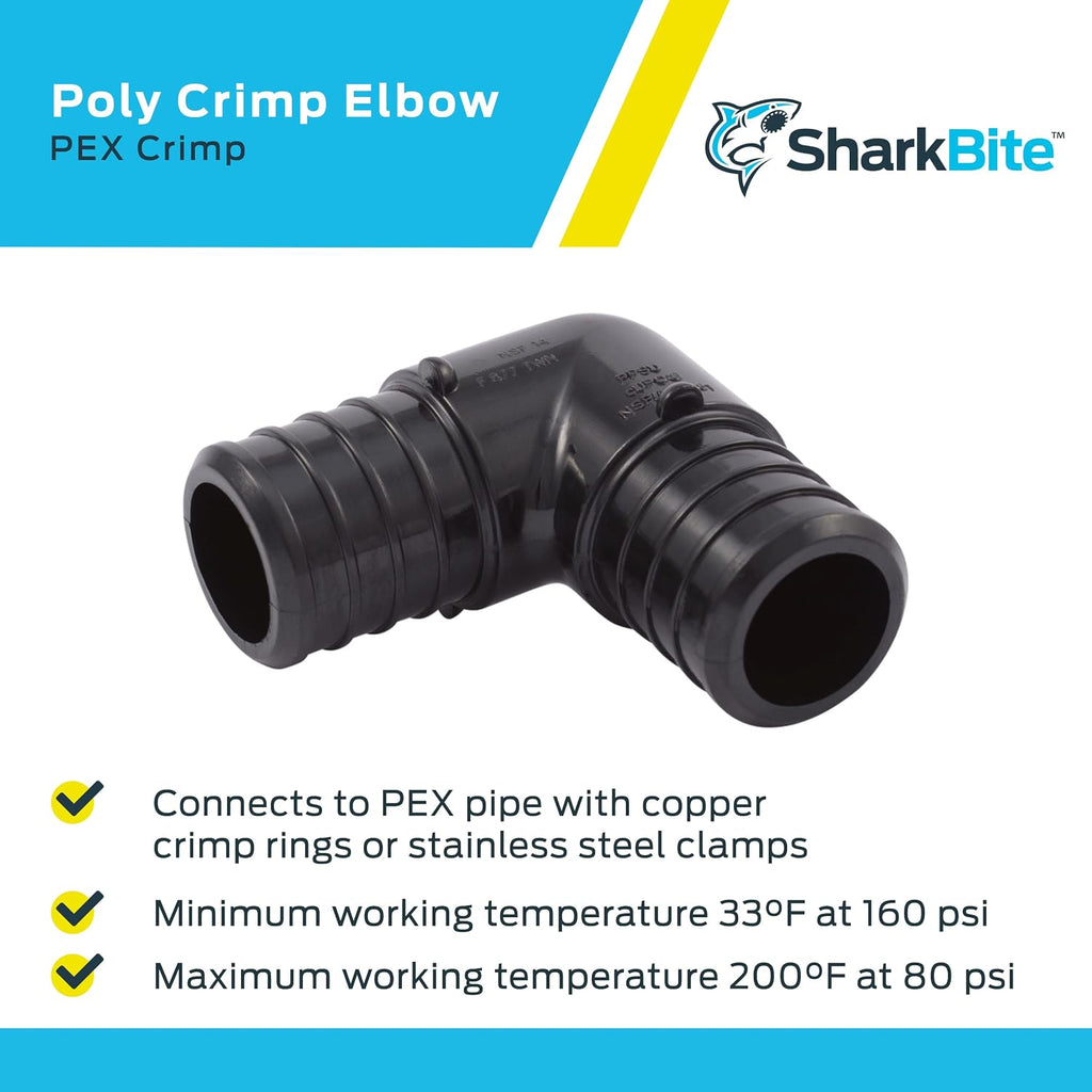 SharkBite 1 Inch Poly Crimp 90 Degree Elbow, Pack of 5, PEX Pipe, PE-RT, UP260A5