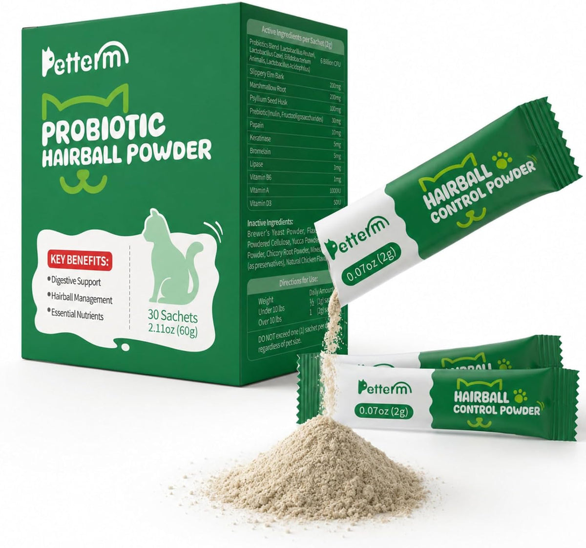 Cat Hairball Relief Powder & Food Topper - Probiotics & Slippery Elm, 30S