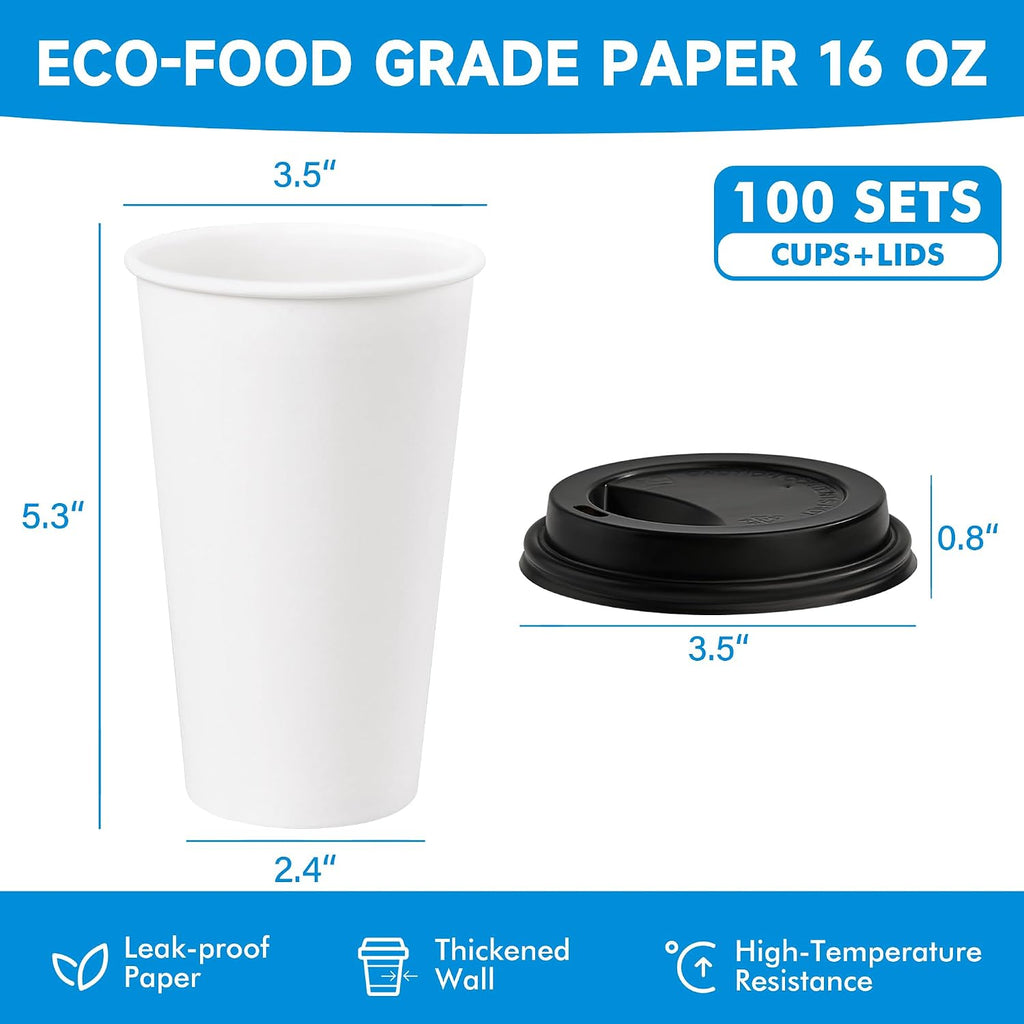 Disposable Paper Coffee Cups with Lids 16 oz 100 Pack