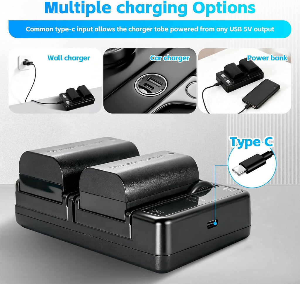 LP-E6 LP-E6N Battery(2-Pack) and Dual USB Charger | Compatible with Canon EOS 5D Mark II III IV, 5DS, 5DS R, 6D, 6D