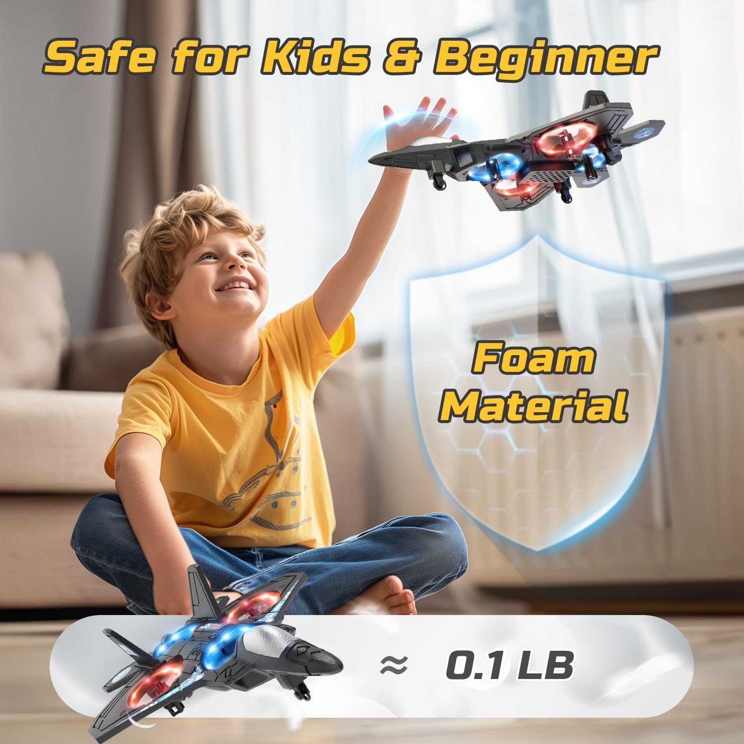 Foam RC Airplane Drone for Kids, Remote Control Helicopter, Toy Plane Fighter Jet with LED Light, Auto Hover