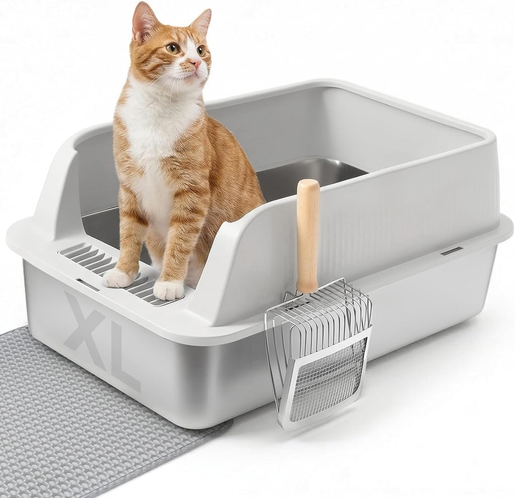 Stainless Steel Litter Box, XL High Sided Enclosed Cat Litter Boxes with Lid for Big Cats, Anti-Urine Leakage
