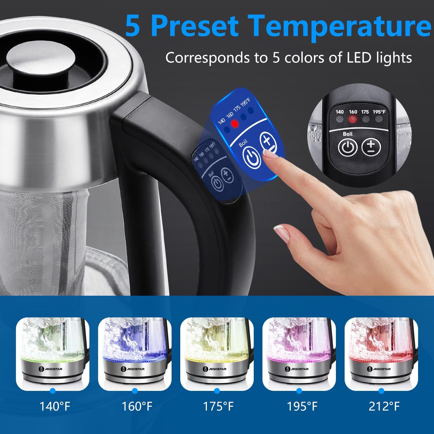 Electric Kettle with Temperature Control and Tea Infuser | 1500W, 1.7L Hot Water Kettle with Variable Temperature