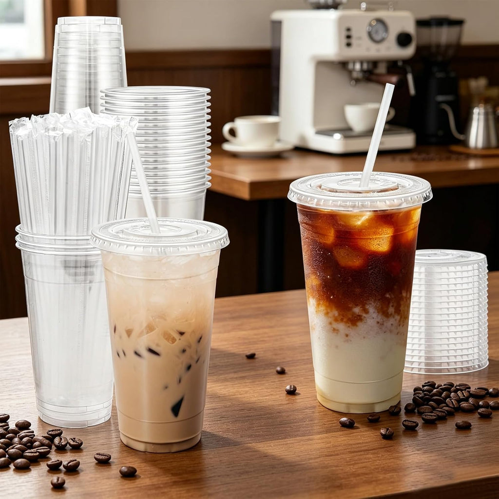 100 Pack 24 oz Clear Plastic Cups with Lids and Straws Disposable