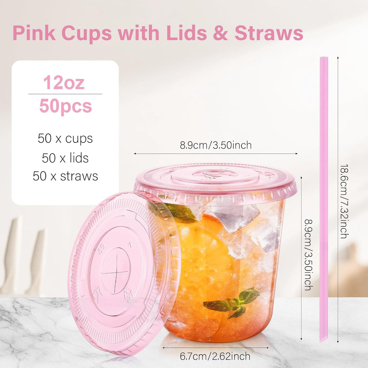 50 Pack 12 oz Pink Plastic Party Cups with Lids and Straws