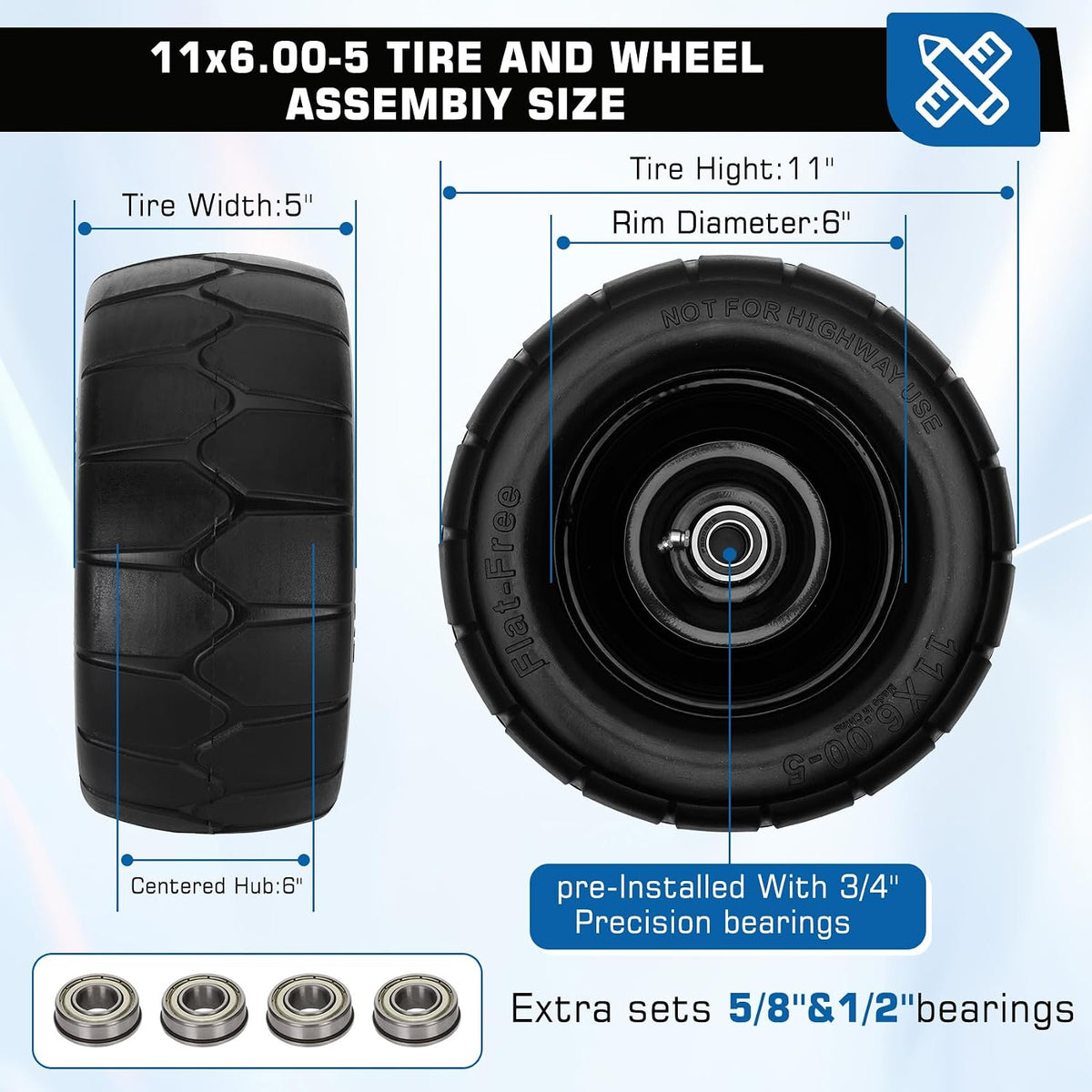 11x6.00-5 Flat Free Lawn Mower Tires | 2 Pack 11x6.00-5 Tires for Zero Turn Mower With 3/4 & 5/8" or 1/2”