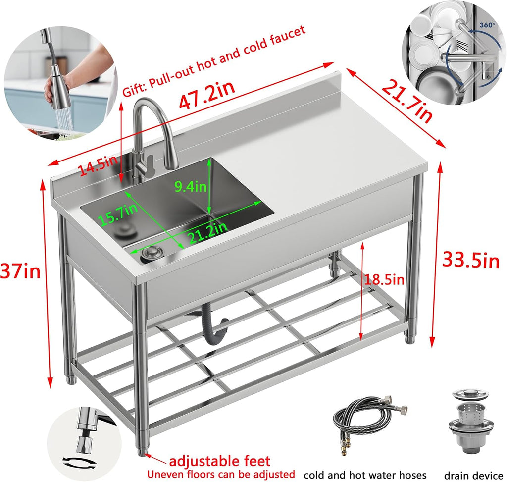 Stainless Steel Commercial Sink with Drainboard, Free Standing Utility Sink