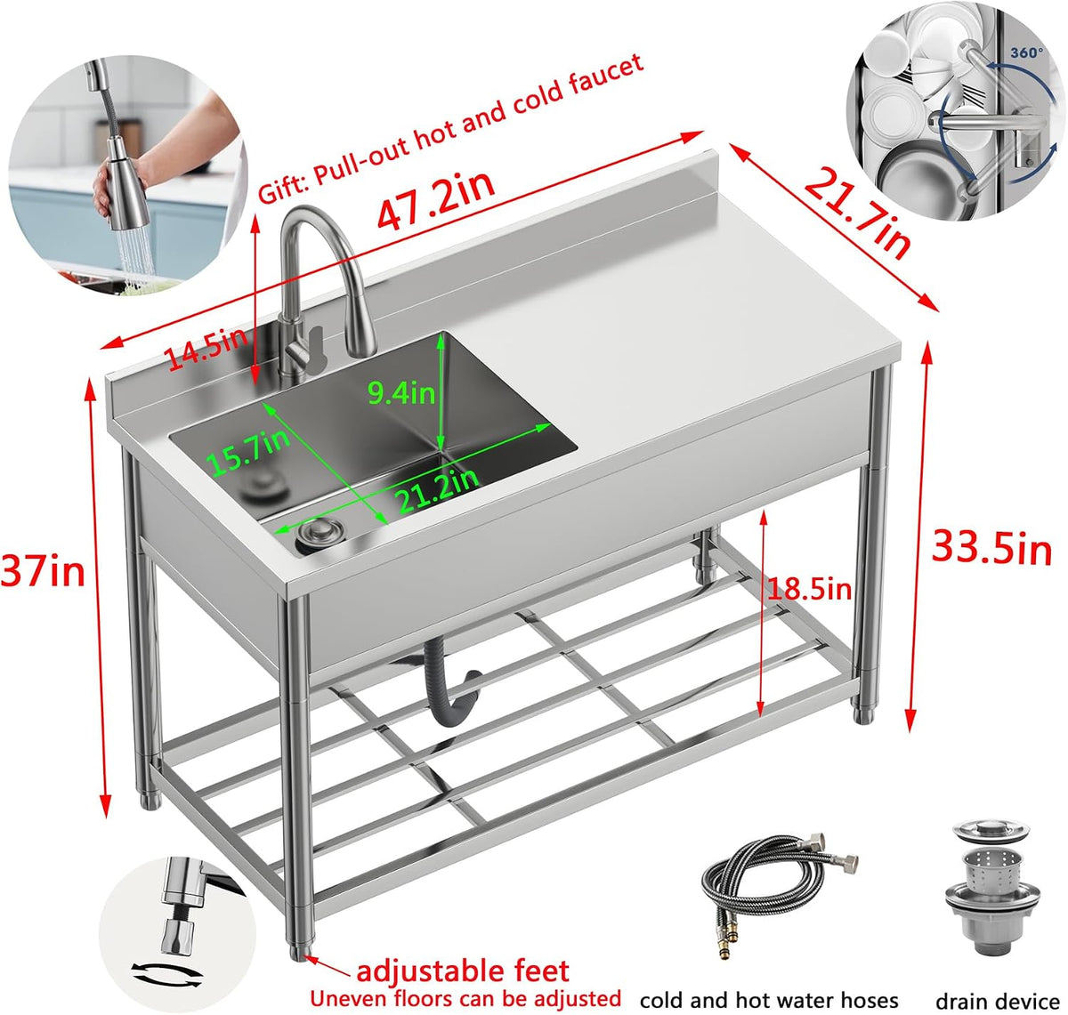 Stainless Steel Commercial Sink with Drainboard, Free Standing Utility Sink