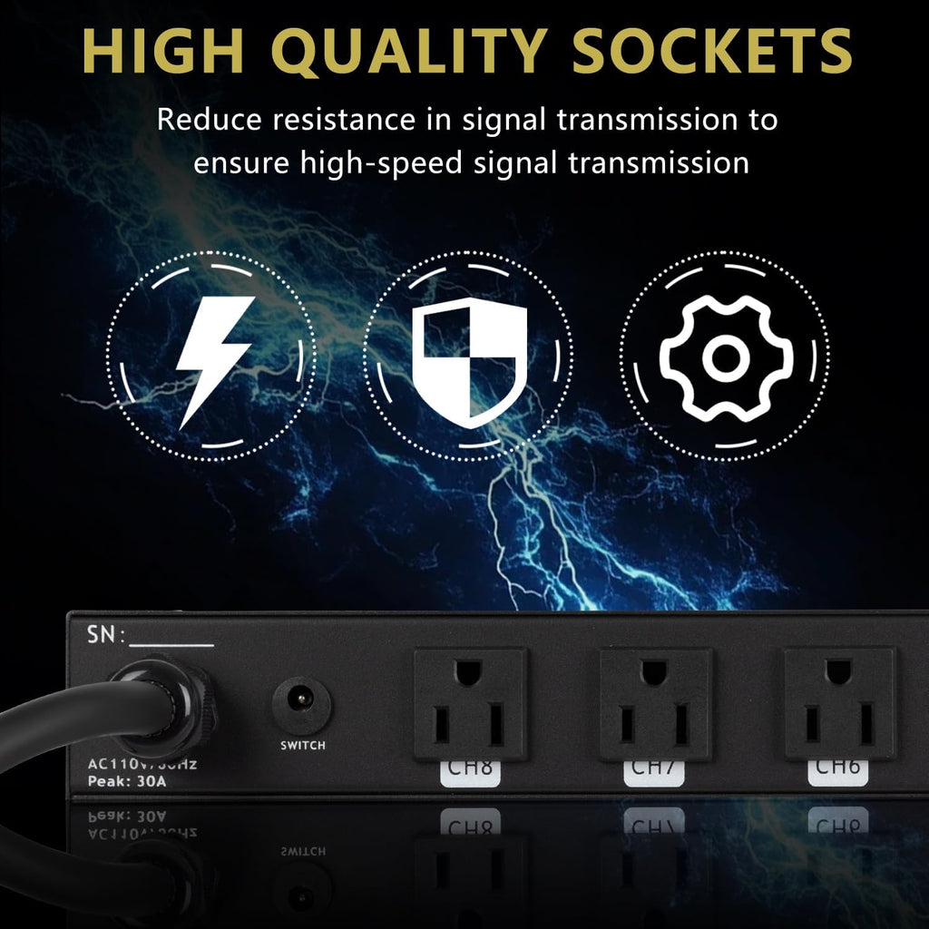 Professional 10 Socket Power Conditioner/Surge Sequencer with USB and Type-C Charger.3300W Rack Mount Audio Power