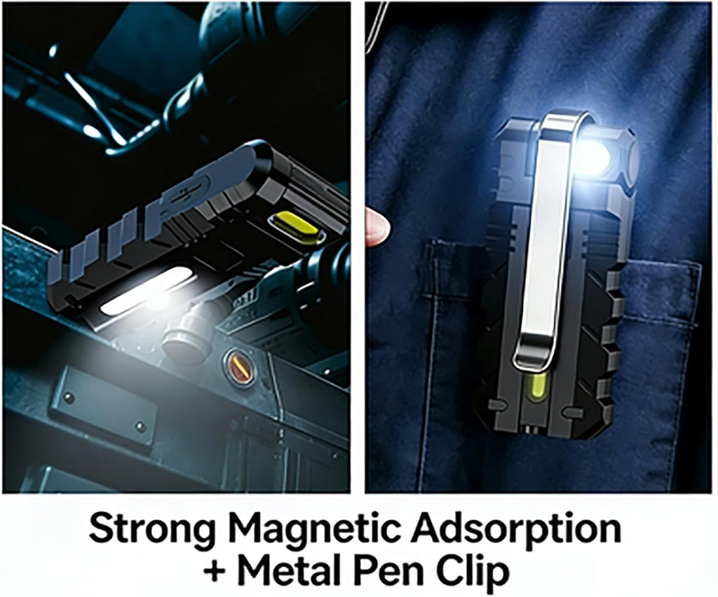 180° Rotating Head LED Work Light – Dual Beam, Magnetic Base, USB-C Rechargeable, Mini Keychain Clip Light for