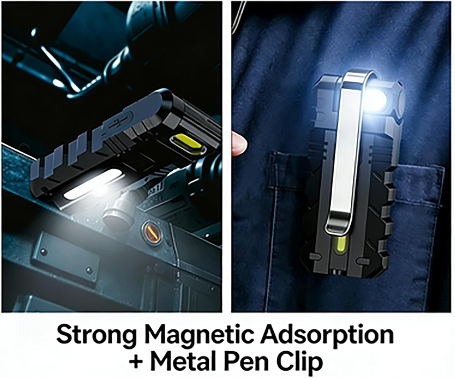 180° Rotating Head LED Work Light – Dual Beam, Magnetic Base, USB-C Rechargeable, Mini Keychain Clip Light for