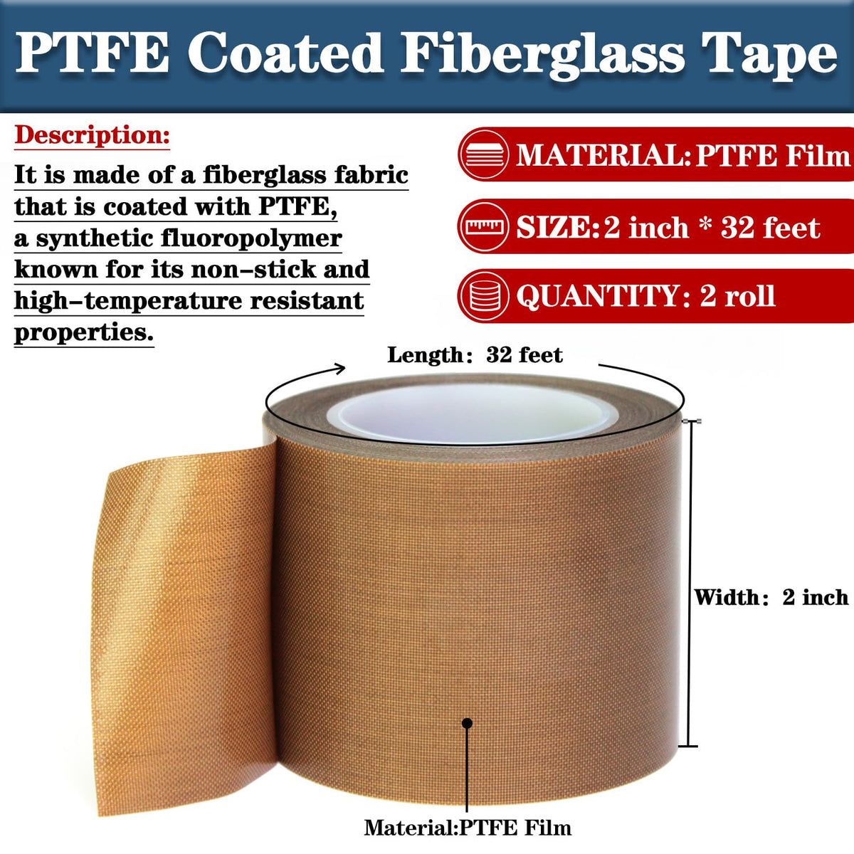 High Temperature PTFE Teflon Tape, 2 in x 33 ft, Non-Stick for Heat Sealers