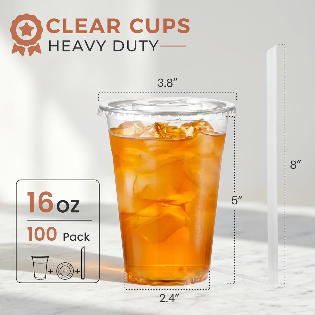 [100 Sets - 16oz] Clear Plastic Cups with Lids and Straws, Disposable Iced Coffee Cups for Smoothie, Milkshake, Cold