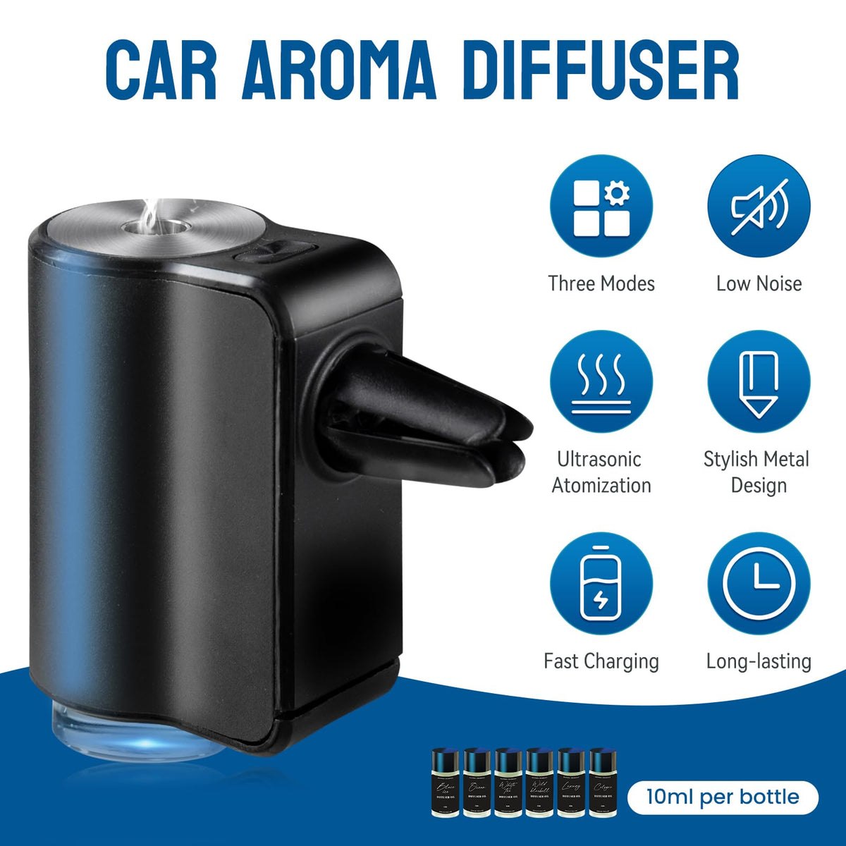 Car Air Freshener, Three Adjustable Modes Intelligent Car Aroma Diffuser, Rechargeable Car Aroma Diffuser, Black