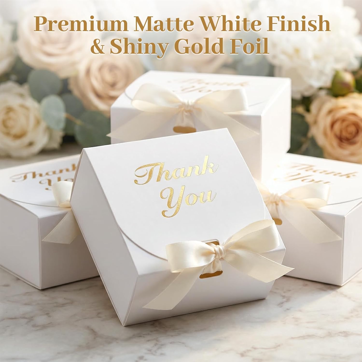 20PCS Thank You Gift Boxes, 4.5x4.5x1.9 Inches Mini Party Favor Boxes White Treat Bags with Bow Ribbon for Wedding
