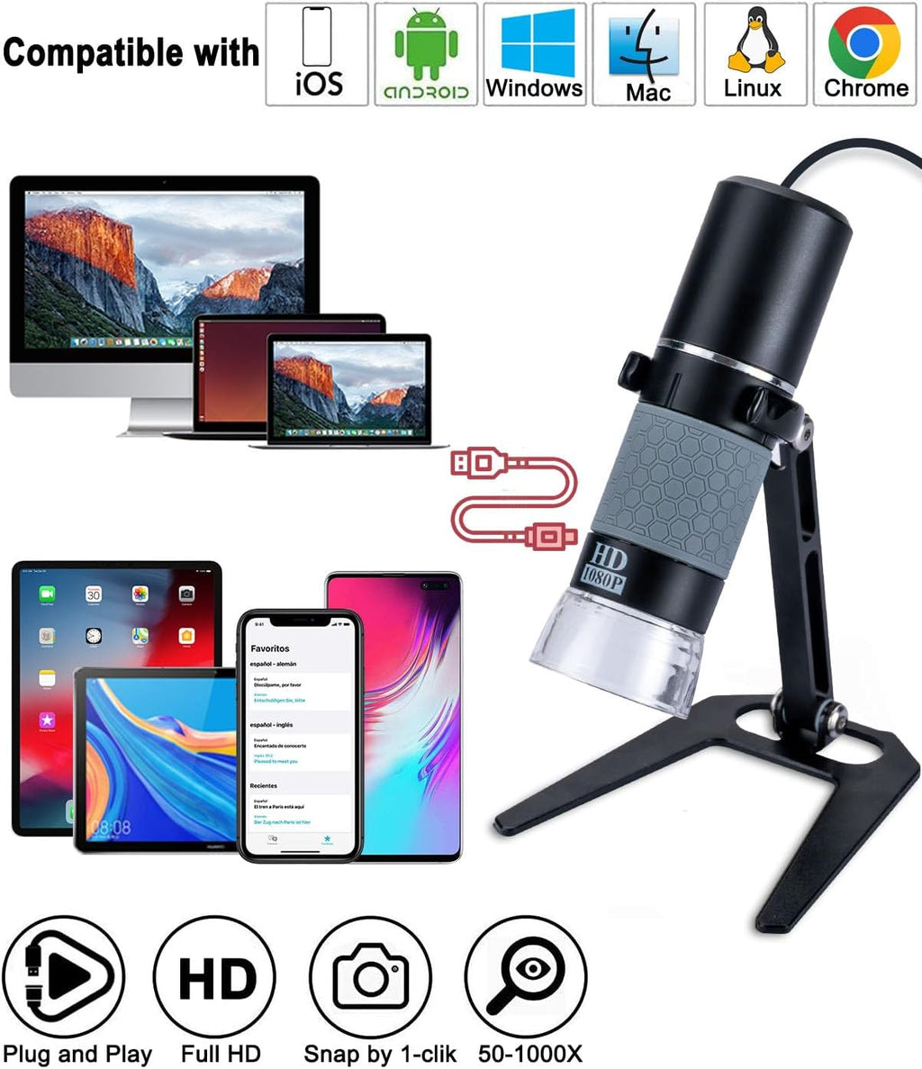 1080P 50-1000x USB Digital Microscope Stand for iPhone Android PC | 1920x1080P 8 LED Handheld Endoscope Mini Camera