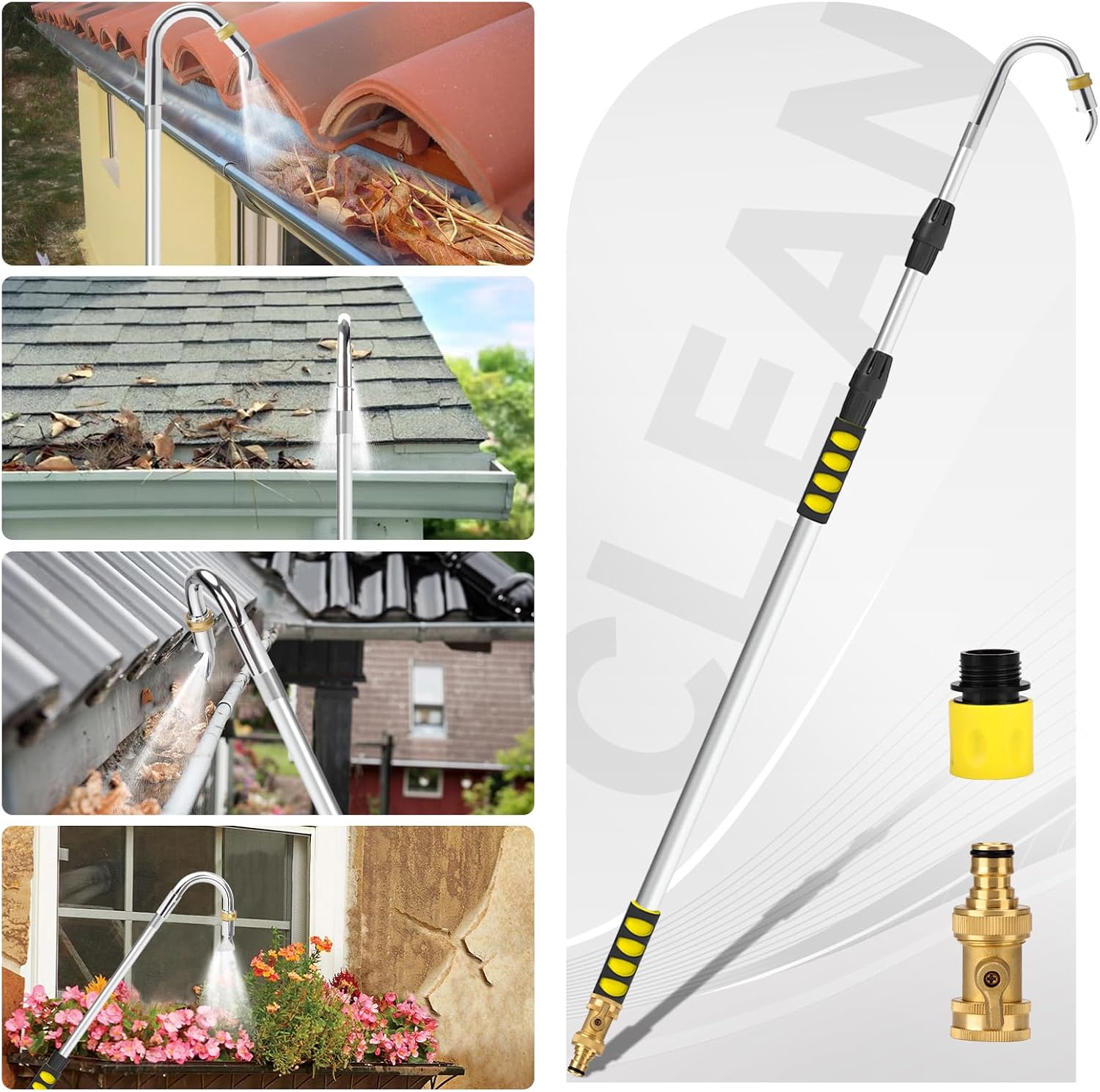 20FT Reach Gutter Cleaning Tools from Ground, Telescopic Rain Gutter Cleaners Tool with Hose Attachment and Heavy