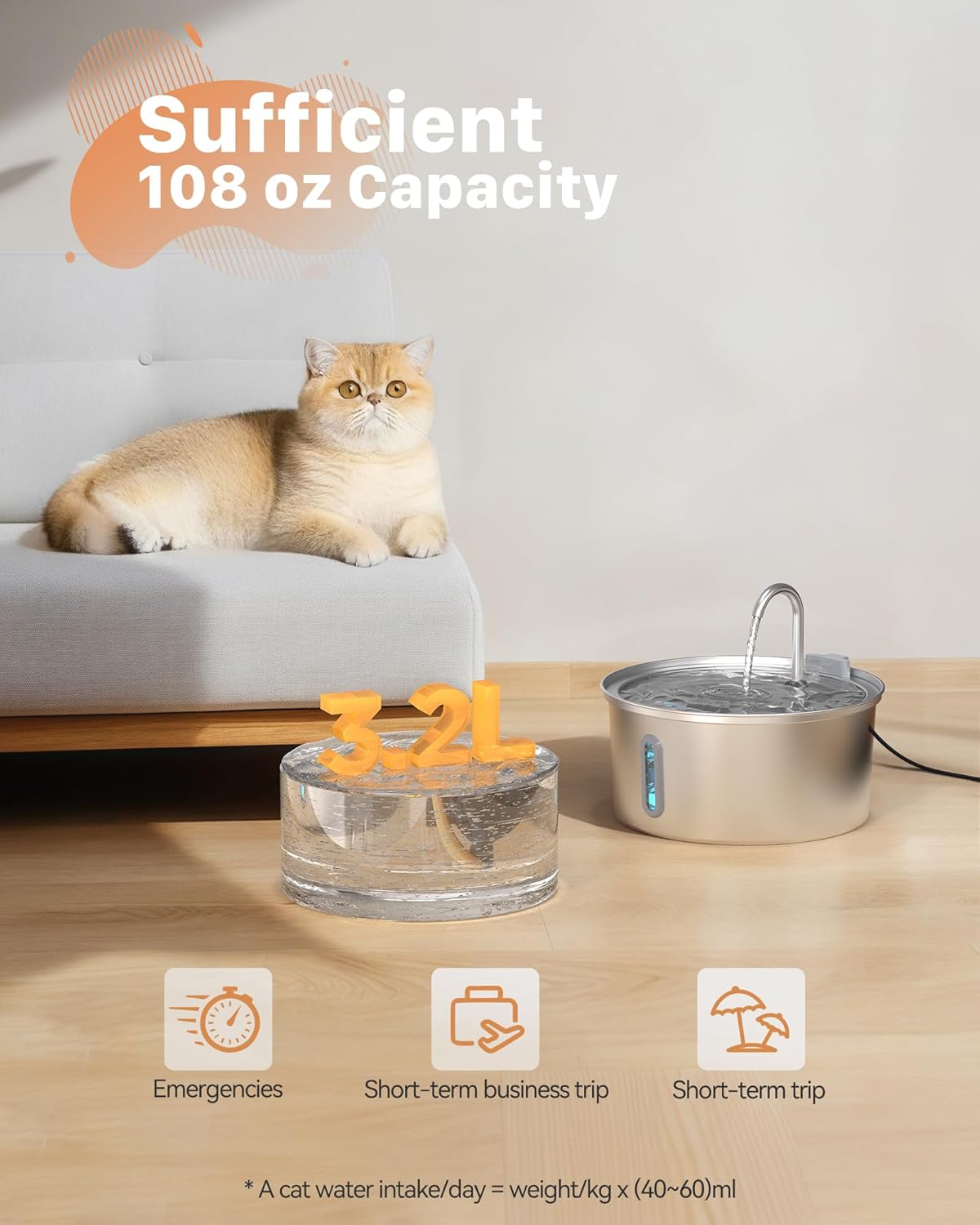 Cat Water Fountain Stainless Steel: 108oz/3.2L Cat Fountain for Drinking - Pet Water Fountain for Cats Inside