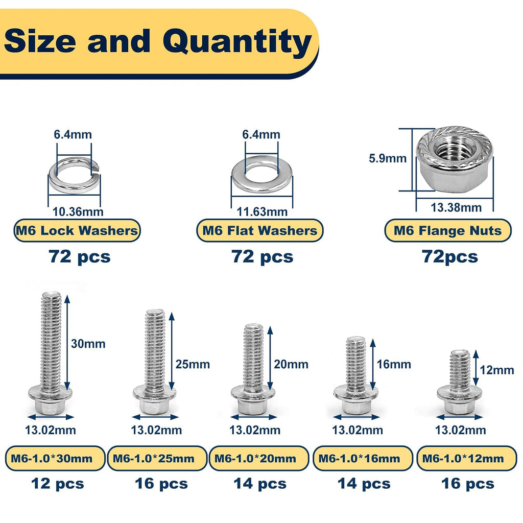 M6-1.0 Flange Bolt & Nut(12/16/20/25/30mm) Assortment Kit Stainless 288Pcs