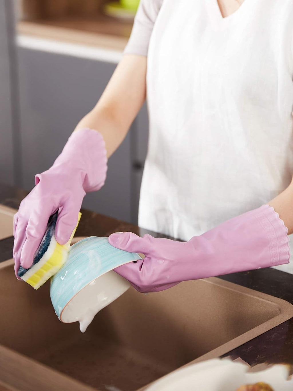 LANON wahoo Skin-Friendly Cleaning Gloves, Dishwashing Kitchen Gloves with Cotton Flocked Liner, Reusable, Non-Slip