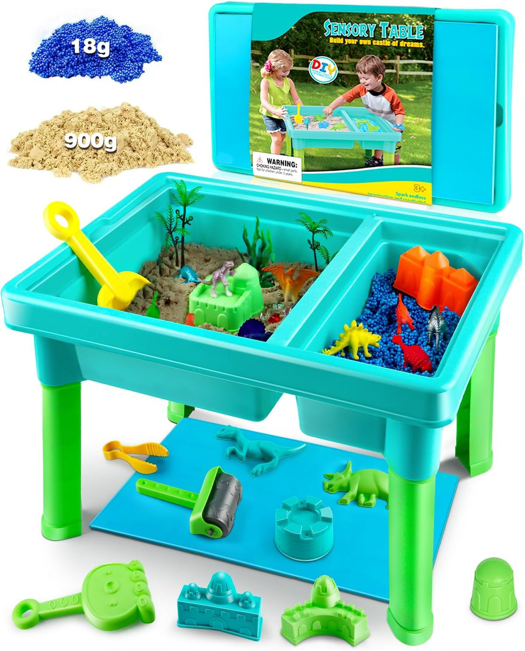 Sandbox Kit Sand Table : Sand Playset Bin with Lid Toys Toddler Dinosaur/Ocean Molds Sets Enhance Creativity &