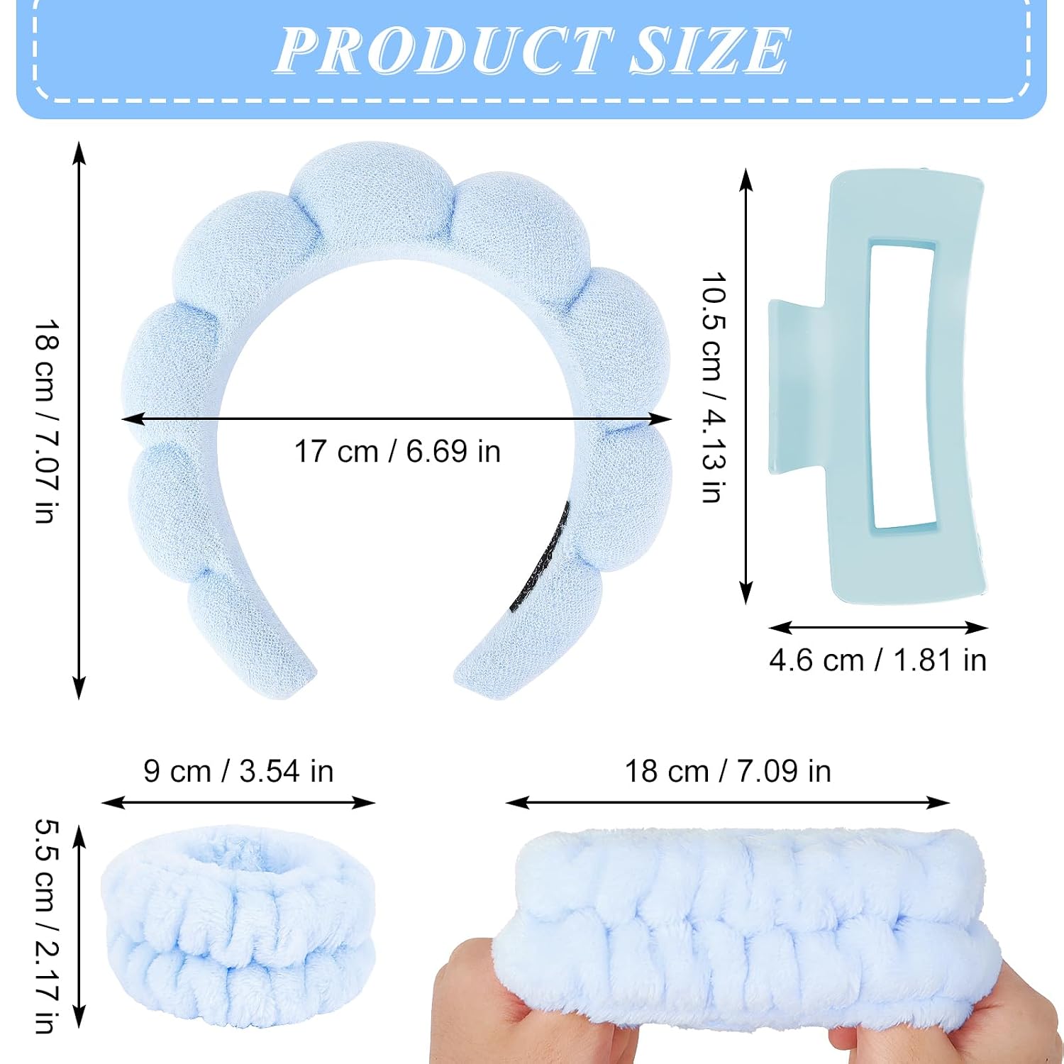 Spa Headband And Wristband Set Skincare Headband For Washing Face Hair Claw Clips For Thick Hair Cute Blue Puffy
