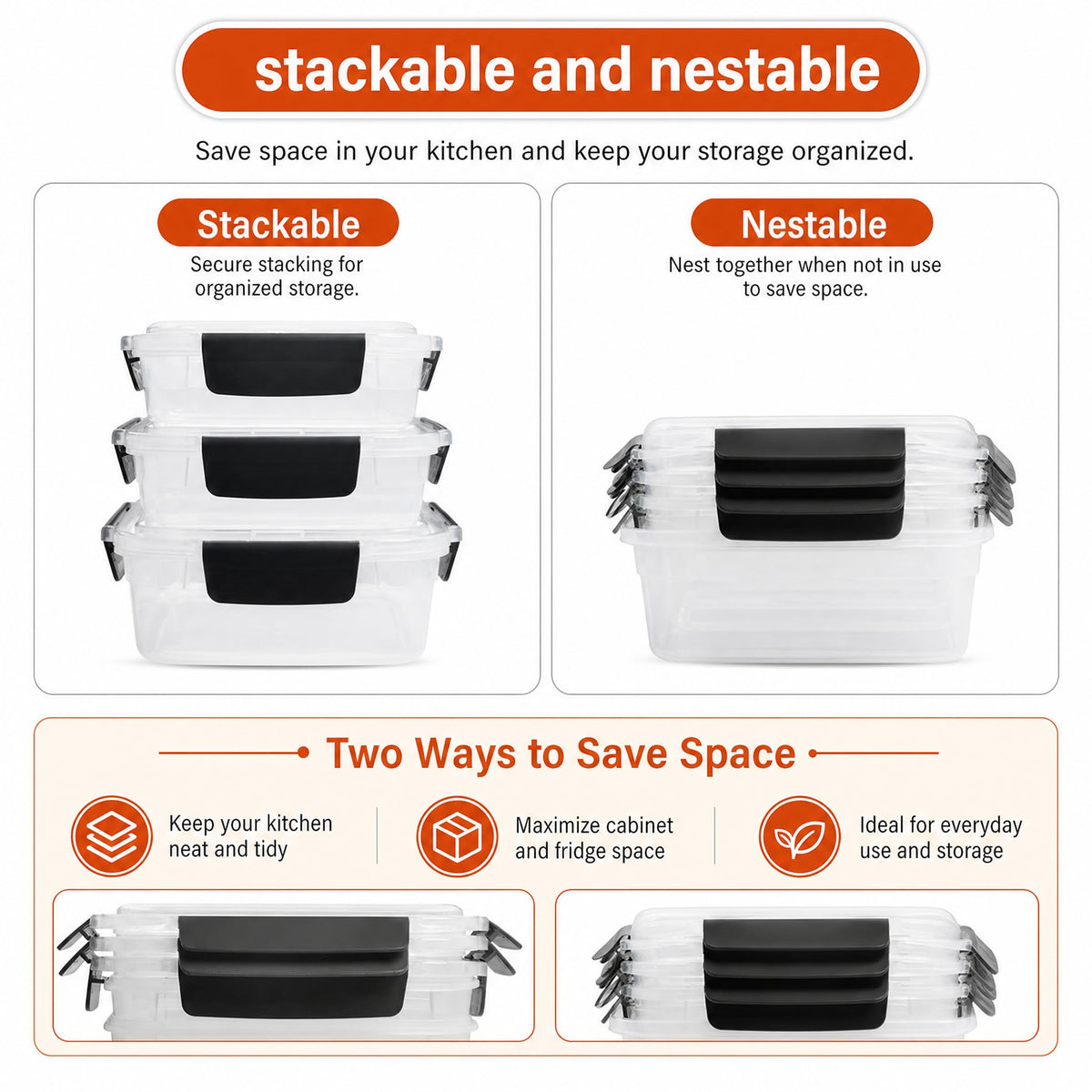 5cup Plastic Food Storage Containers With Lids For Lunch Meal Prep,5pk