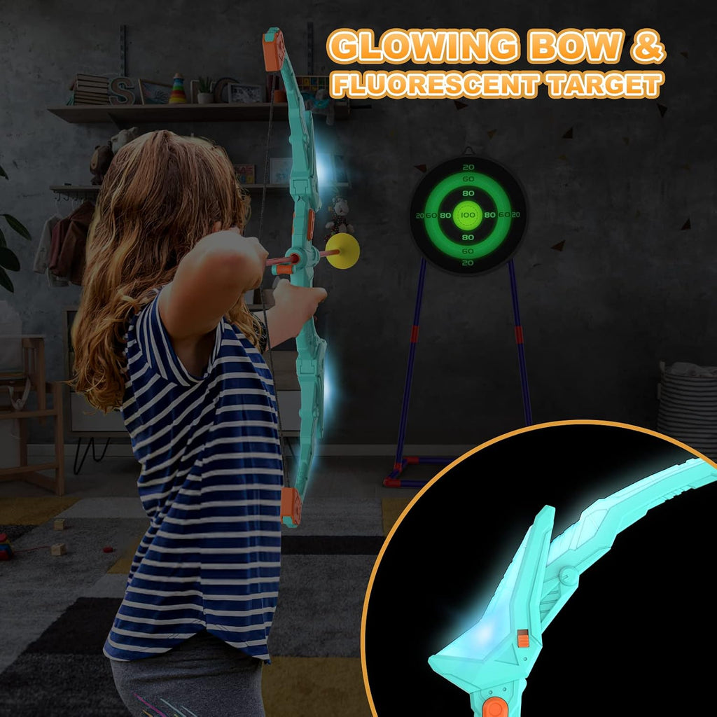 2 Pack Kids Bow and Arrow Set with LED Flash Lights, 14 Suction Cup Arrows and Fluorescence Standing Target-Perfect