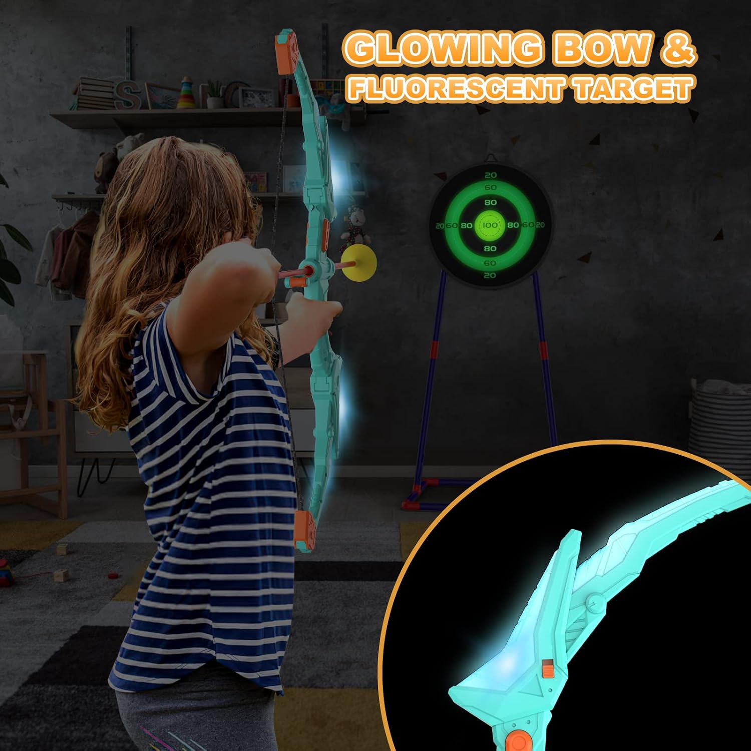 2 Pack Kids Bow and Arrow Set with LED Flash Lights, 14 Suction Cup Arrows and Fluorescence Standing Target-Perfect