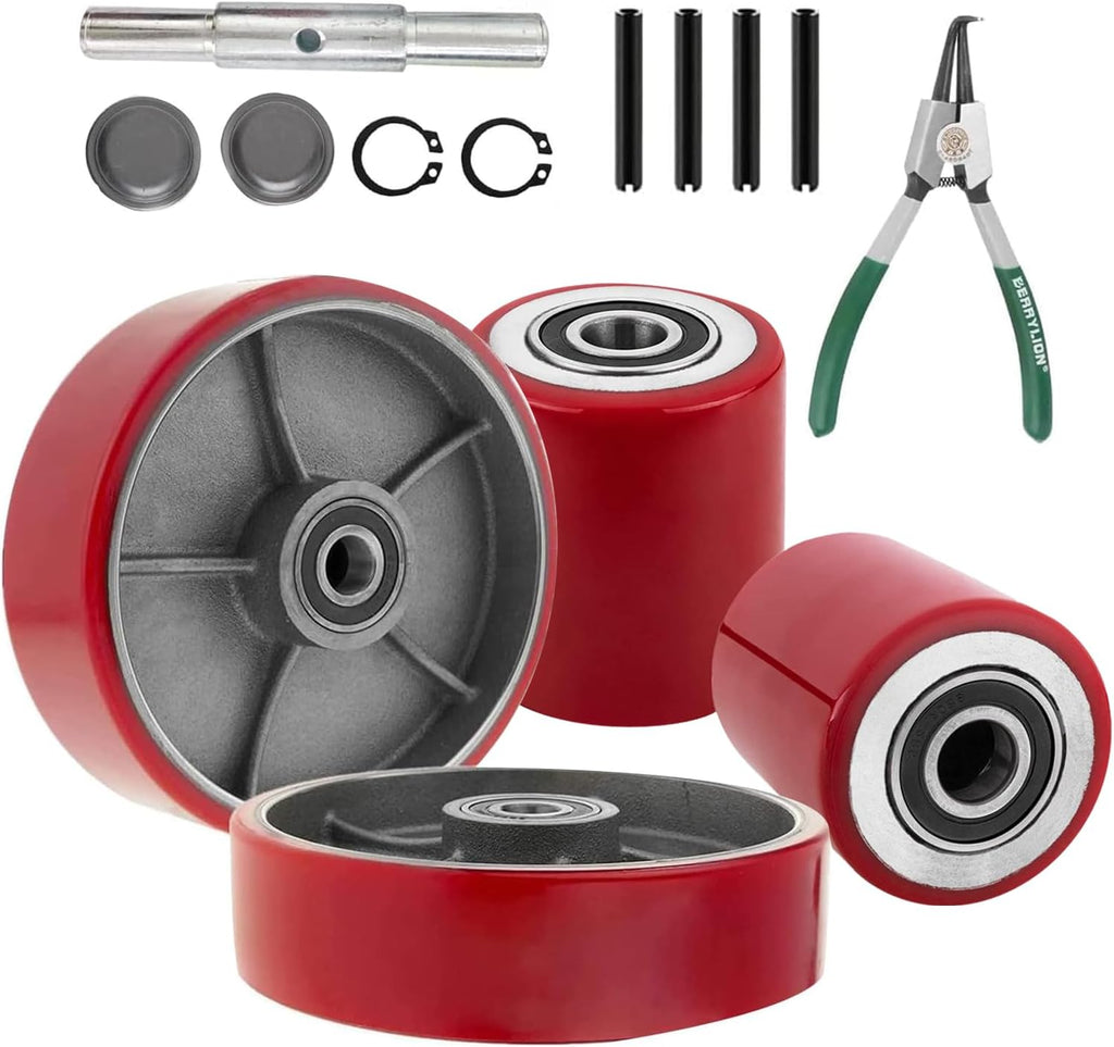 Pallet Jack/Truck Full Set with Axles, Pairs of 7" x 2" Steer Wheels & 3" x 3.75" Load Wheels with Bearings ID 20mm