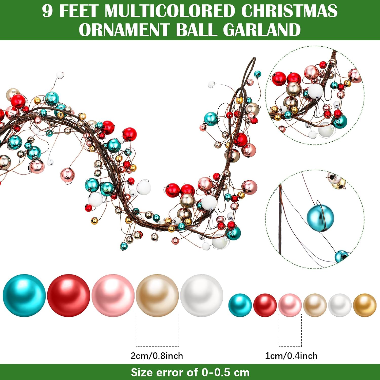 9 ft Colorful Christmas Ball Garland Ball Ornaments Hanging Baubles Ornament for Xmas Christmas Tree Fireplace Wreath