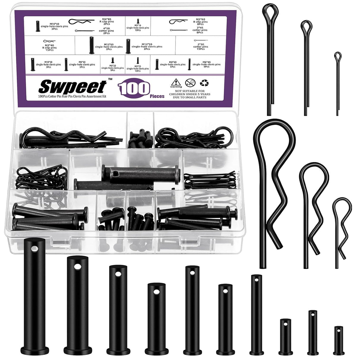 100Pcs 10 Sizes Clevis Pins with Cotter Pin Assortment Kit, Single Hole Flat Head Clevis Pins, R Pins, Hairpin