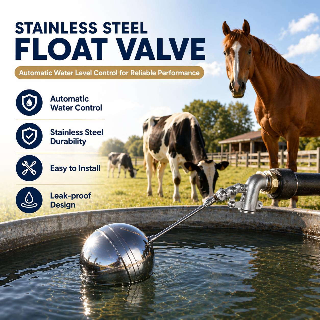 Stainless Steel Float Valve, 3/4" NPT Automatic Water Level Control Valve with 6" Float Ball, Adjustable Rod for