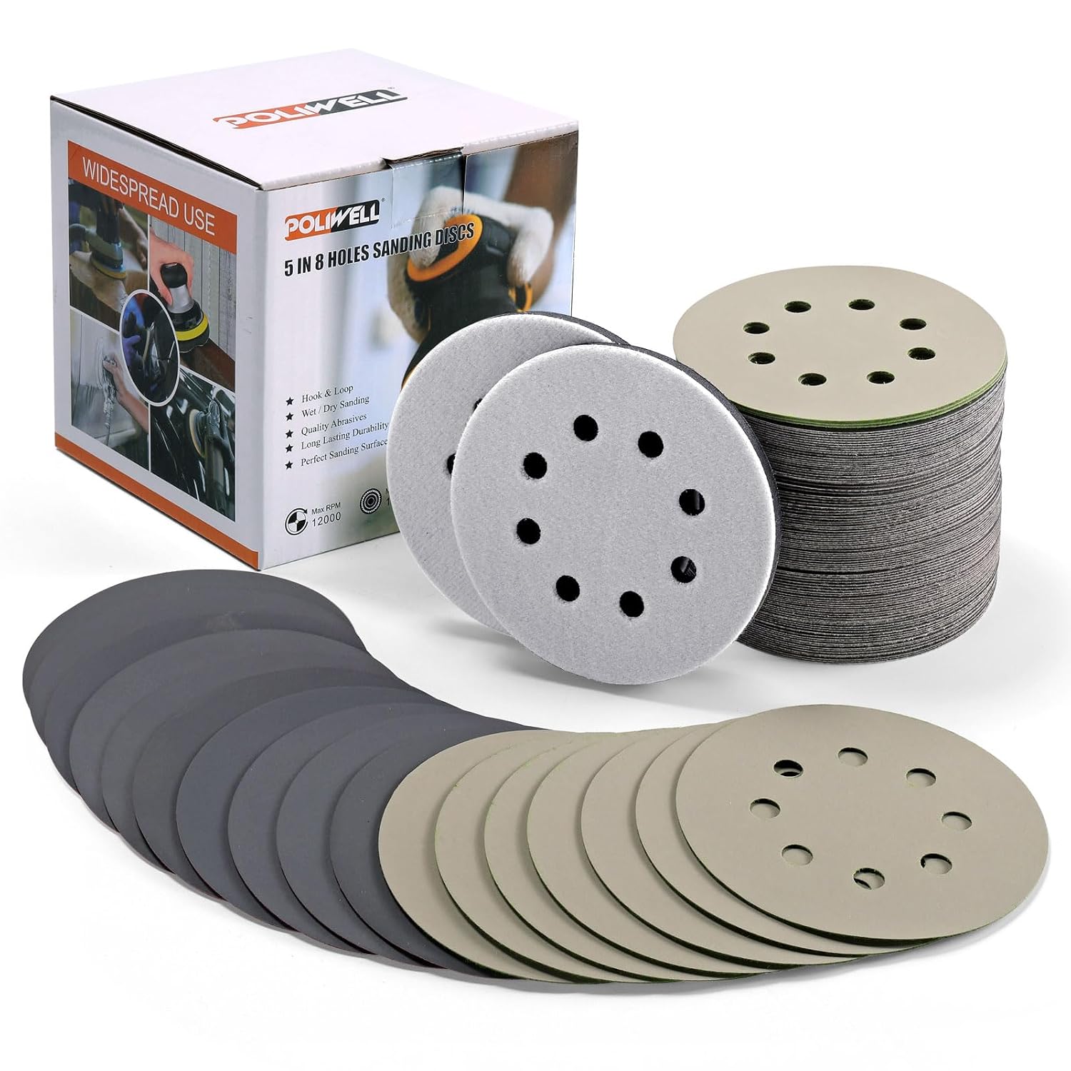 120pcs 5 Inch Sanding Discs Hook & Loop 8 Holes Wet Dry 320 400 600 800 1000 2000 3000 Grit Orbital Sandpaper with