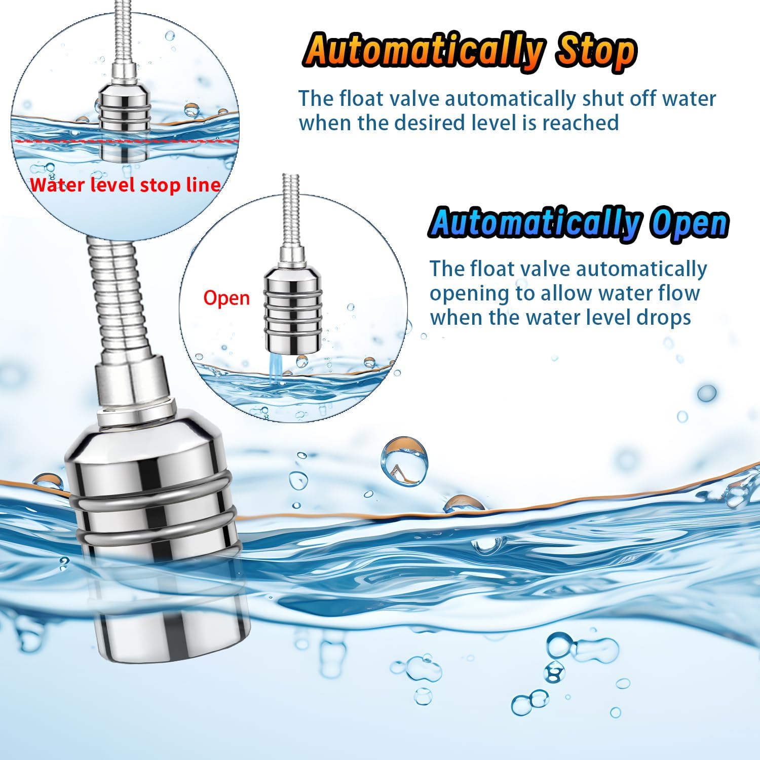 Leak-Proof NPT 1/2" Water Float Valve,1/2" to 3/4" 304 Stainless Steel Fully Automatic Water Level Control Float