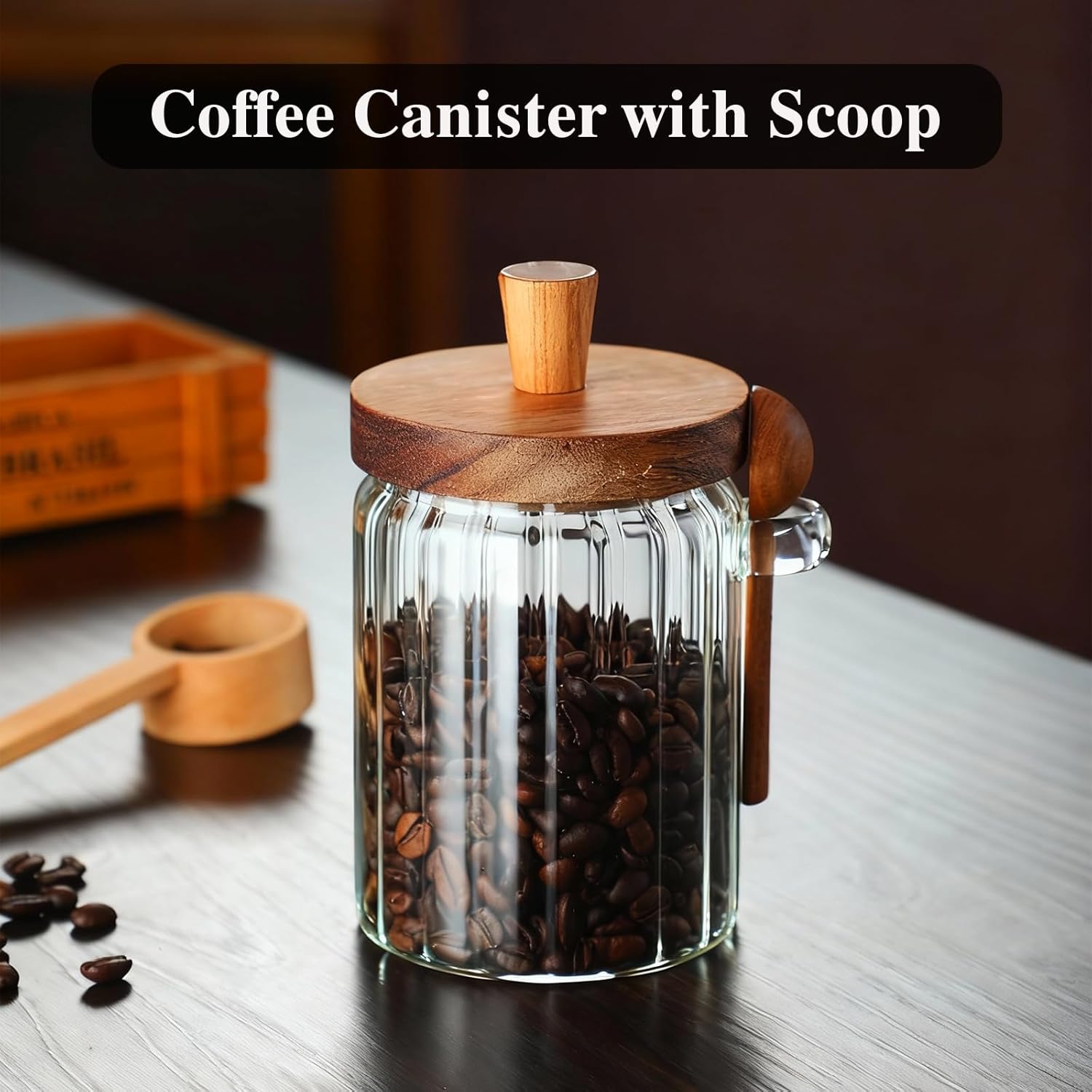 Coffee Canister, Coffee Container with Wooden Spoon and Lid, Ribbed Design, Airtight Storage Jar for Coffee