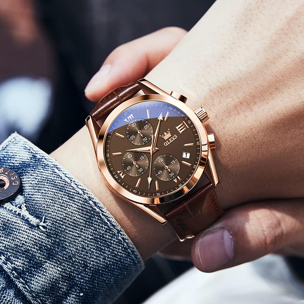 Men's Casual Leather Watch, Big Face Chronograph Watch for Men, Fashion Easy to Read Dress Watch, Men's Waterproof