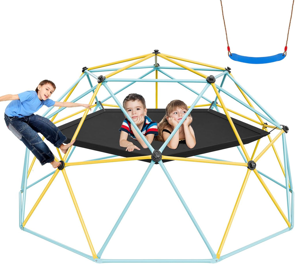 Climbing Dome, 10FT Geometric Dome Climber with Hammock and Swing, Jungle Gym Supports 750LBS and Easy Assembly for